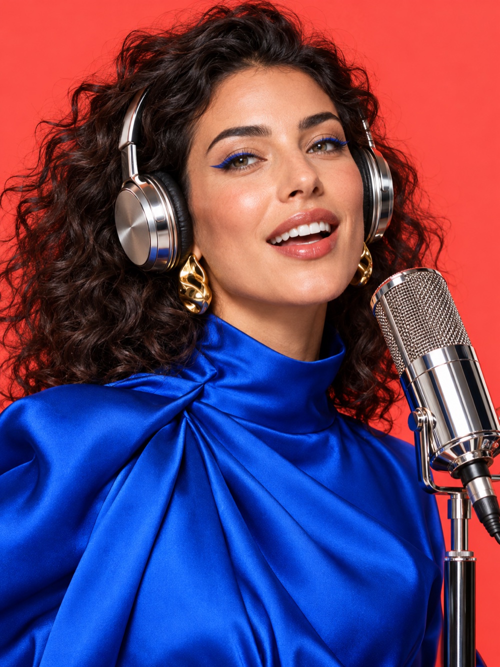 Presenter at a microphone against a coral backdrop