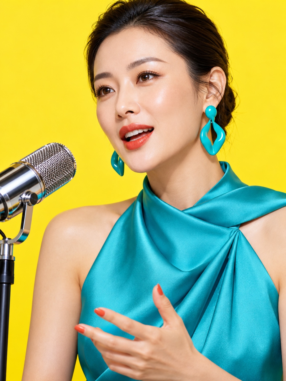 Presenter in turquoise against a yellow backdrop